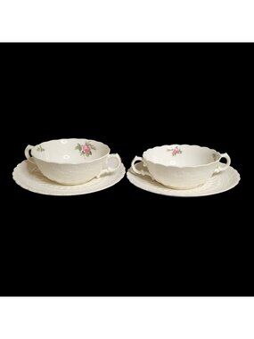 2 Copeland Spode's Jewel Billingsley Rose Handled Cream Soup Bowls & Underplates